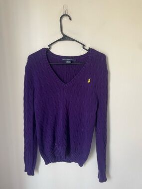 Ralph Lauren Sport Purple Cable-Knit V-Neck Sweater Size Large